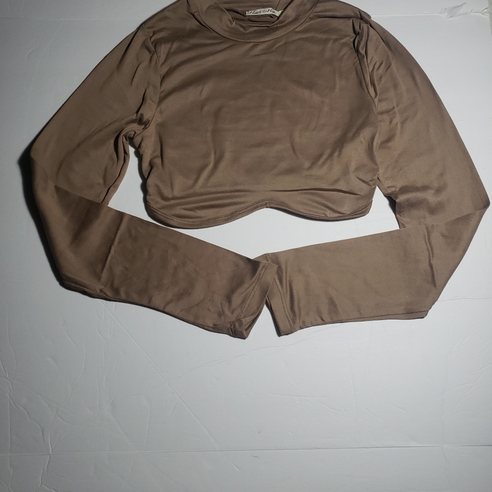 Jr girls knit long sleeve halter top beige/brown size small heart hips